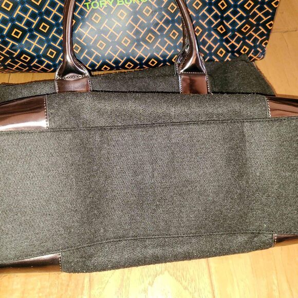 Tory Burch ELLA Wool Leather Trim Large Brown Gold Tote Bag Purse Handbag - Picture 6 of 9